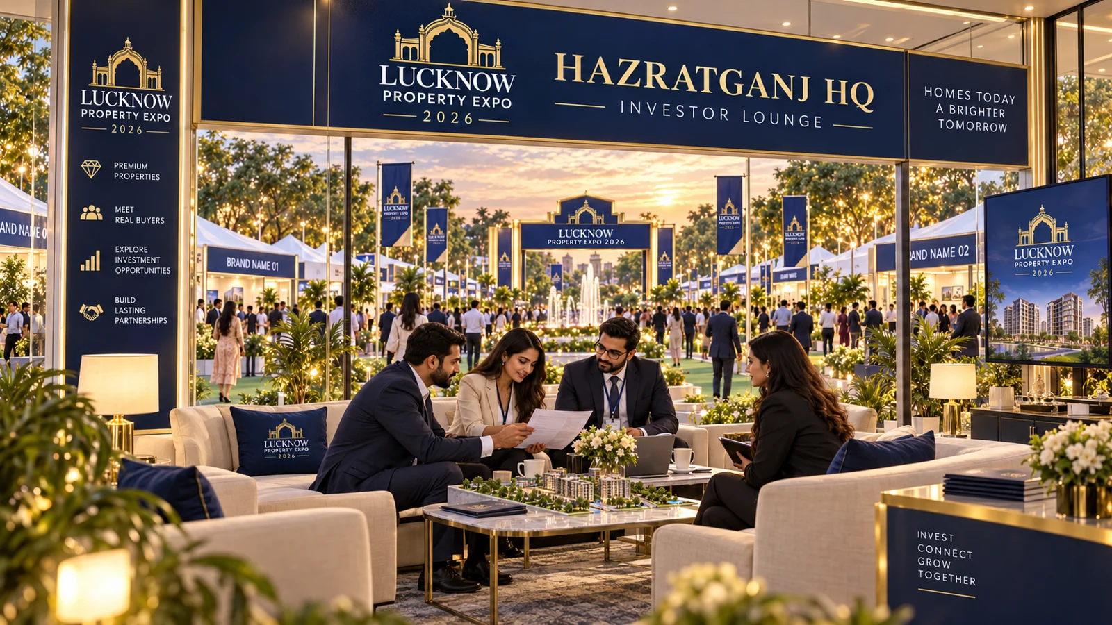 Four people discussing project information around a model in the illustrated investor lounge