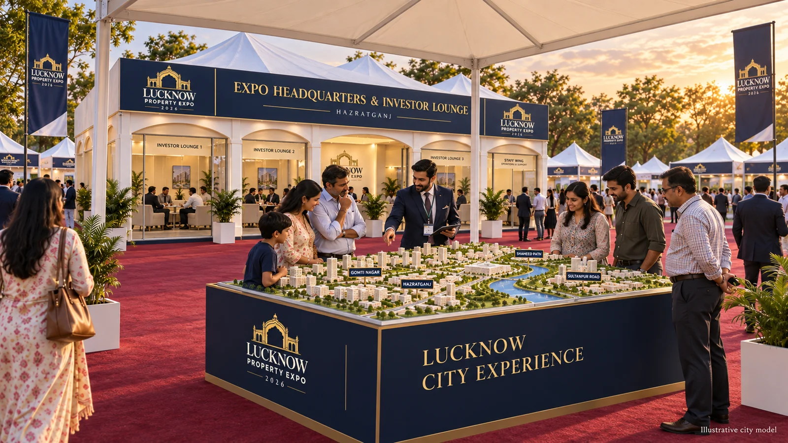 A representative presenting an architectural model to families at the Expo