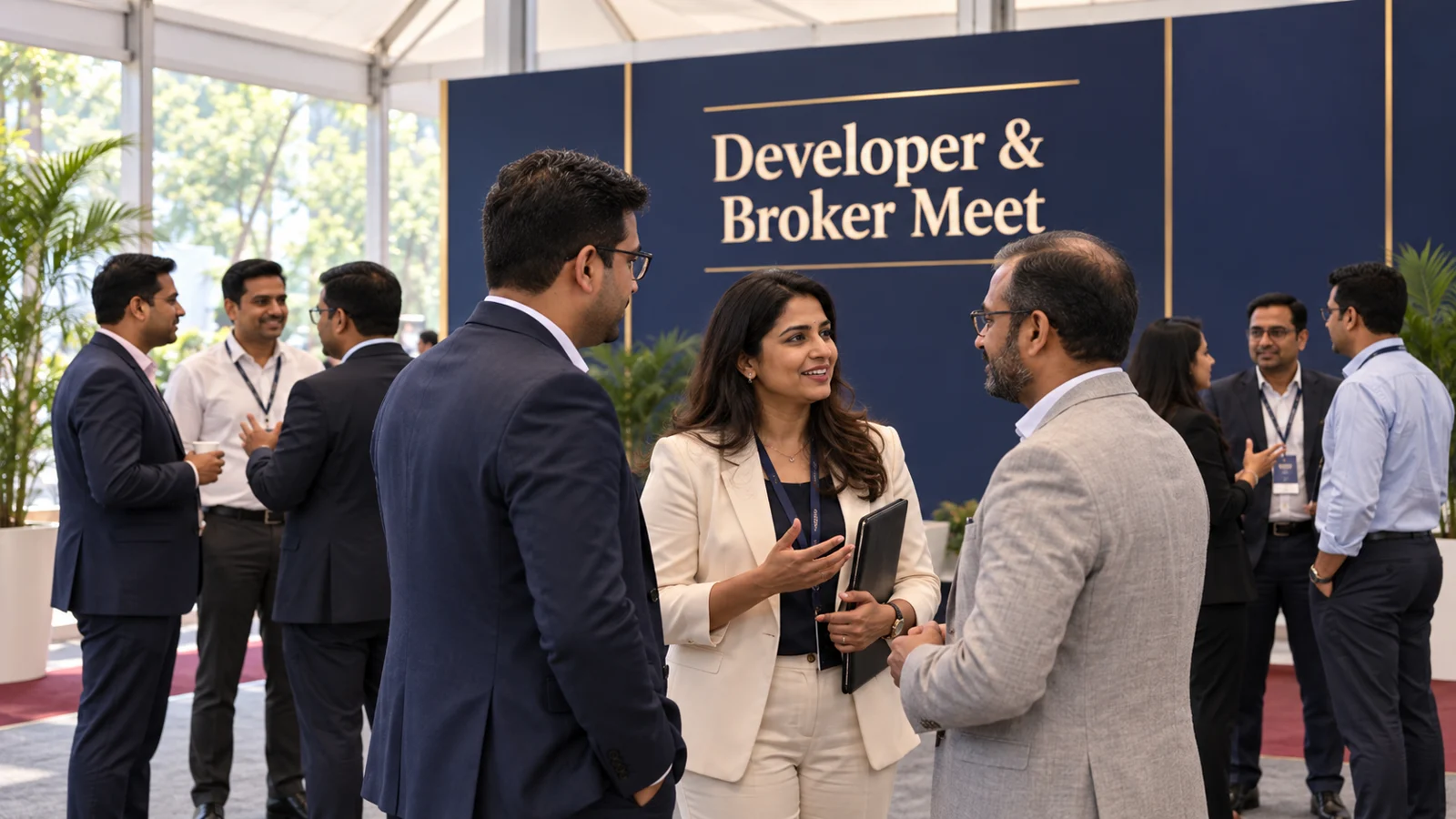 Property professionals having a discussion at a developer and broker meeting