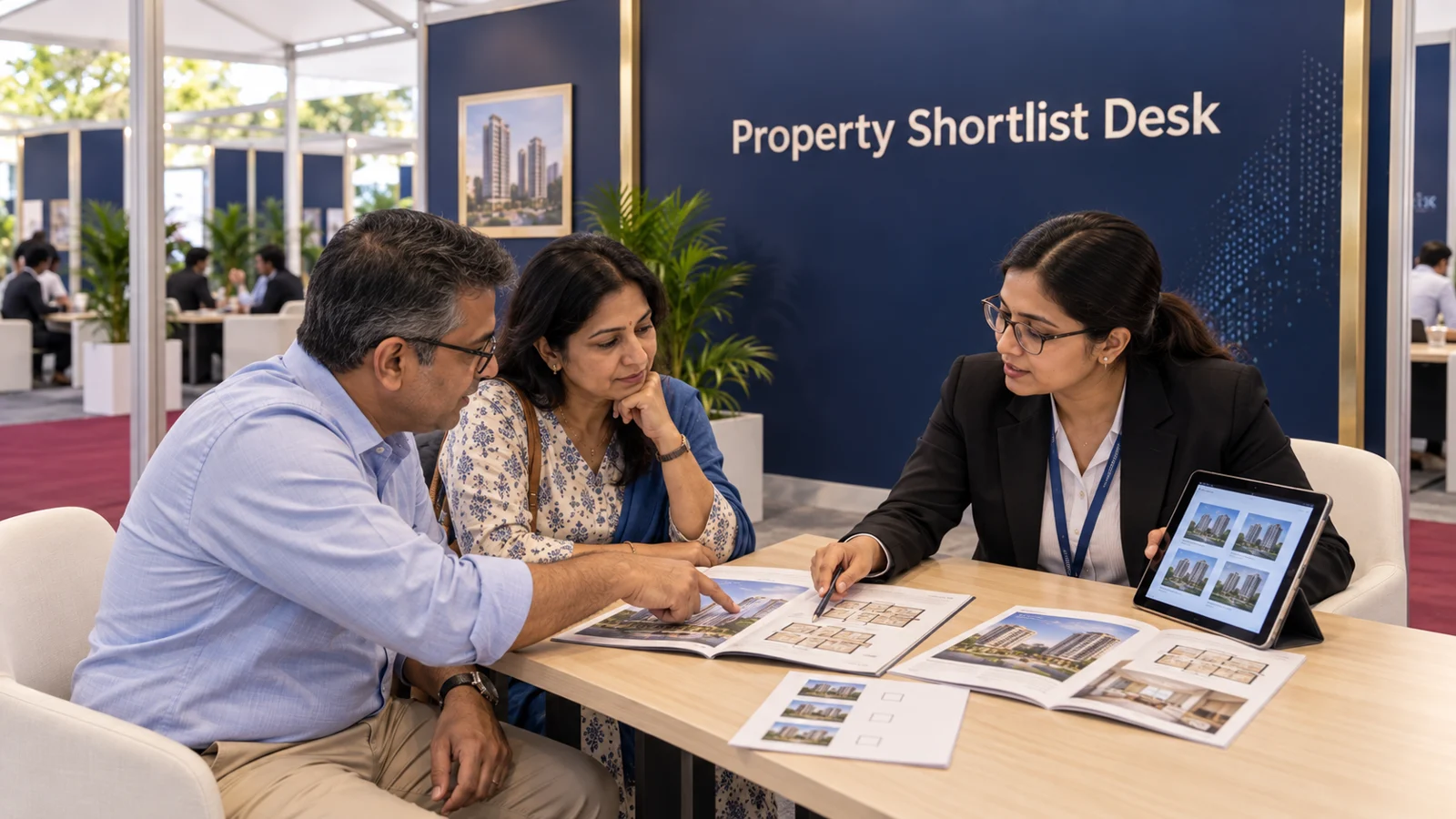 A couple discussing a property shortlist with a representative