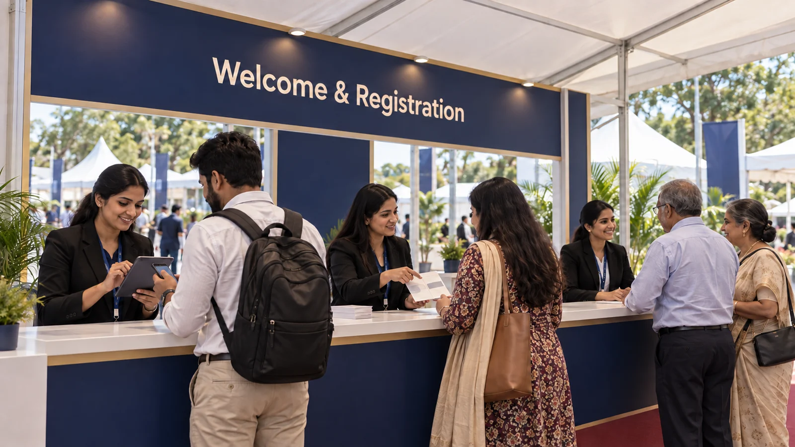 Visitors speaking with staff at a welcome and registration desk